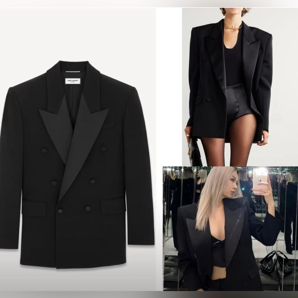 💯 Authentic Saint Laurent Womens Tuxedo Double-Breasted Black Blazer NWT
